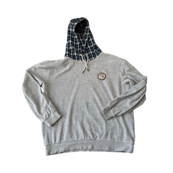 Quiksilver Mens Sweatshirt, size Large, Thermal Hooded Gray w/ Plaid hood - Picture 1 of 13